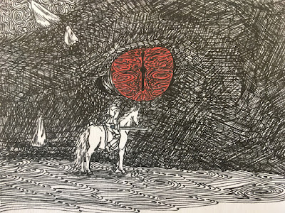 A black and red pen drawing of a huge dragon head resting against the ground. A small woman and her white horse stand on the swirled sand, just larger than the red, patterned eye of the dragon.