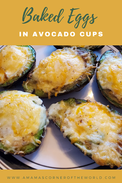 Pinnable image for baked eggs in avocado cups