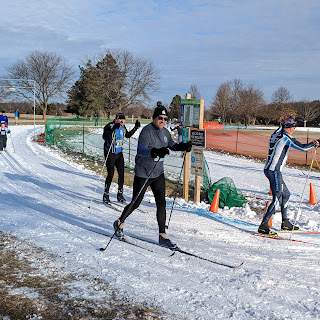Me cross country skiing in Brighton Michigan at the Krazy Klassic 5k, coming around the corner for my second of two loops around the groomed trails.