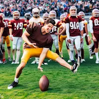 A player on the field during the {Sports Story NSP} fumbling the ball in a comical manner, surrounded by other players and a crowd of amused spectators.
