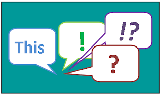 four speech bubbles the first is the word 'this' the other three are question or exclamation marks