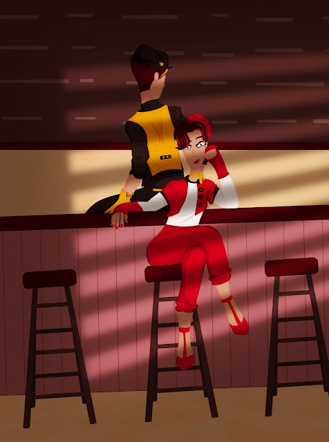 Image description: Roman and Deceit dressed as Bonnie and Clyde, respectively, Roman is sitting on a bar bench crossing his legs, resting on his left hand, while Deceit sits on the bar, his back turned. End description