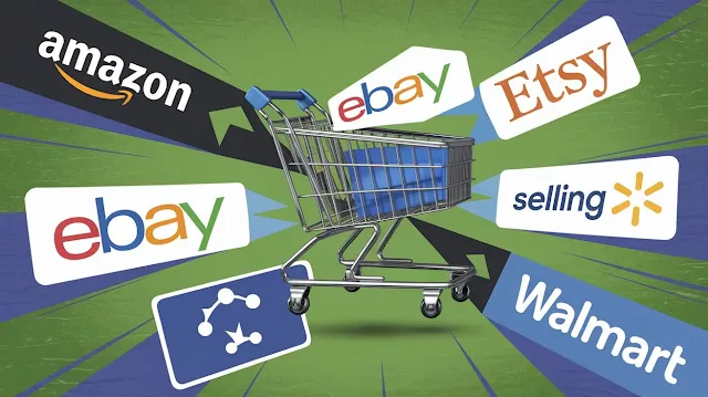 Image showcasing the concept of multi-platform selling in e-commerce, featuring logos of various platforms like Amazon, eBay, Etsy, and Walmart with a shopping cart.