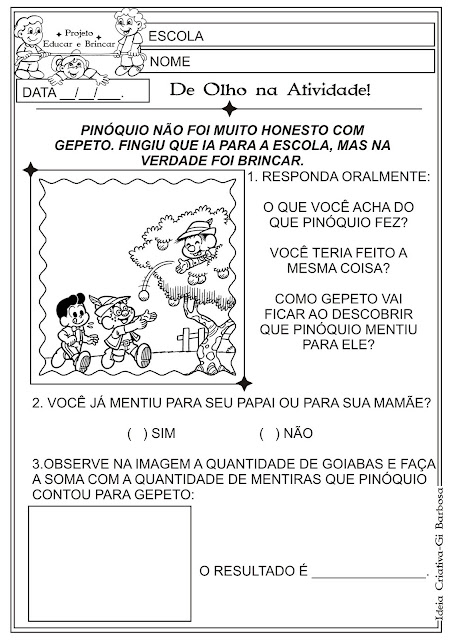 Atividade Conto Pinóquio Valores