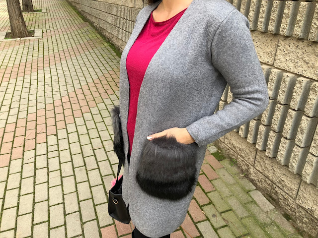 Faux Fur Pockets Open Front Cardigan