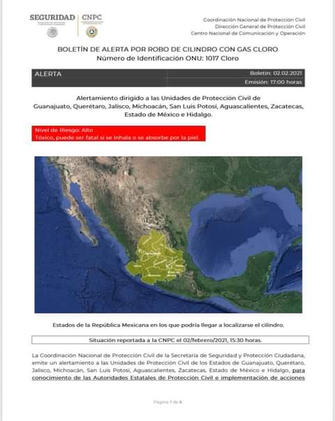 Alertan por robo de cilindro con gas cloro