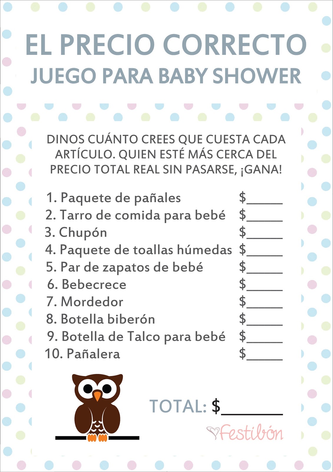 El Precio Correcto │ Juegos para baby shower para imprimir ...