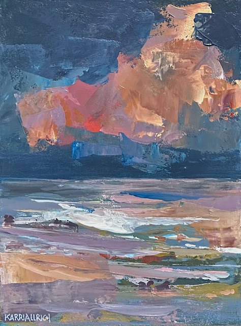 Afterglow painting with sunset pinks, clouds and ocean seascape by Karri Allrich