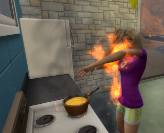 The Sims game- woman catches fire while cooking on stove