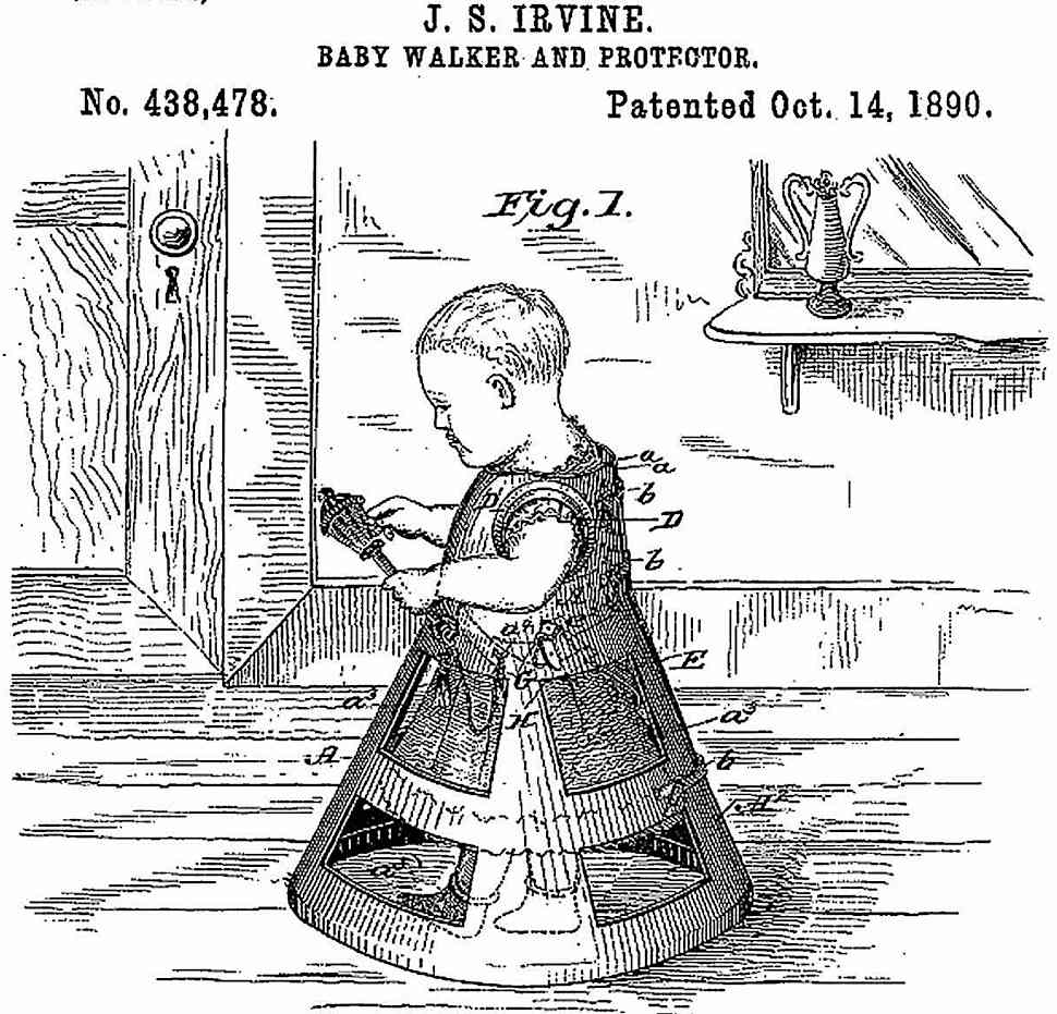 an illustrated 1890 baby walker, a safe cone, the J.S. Irvine baby walker and protector