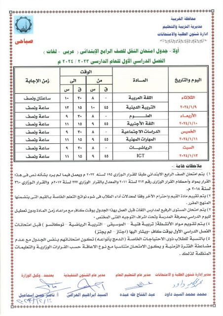 جدول امتحانات محافظة الغربية  ترم أول2024 %D9%84%D8%A7%D8%A7%D8%A8%D8%B9