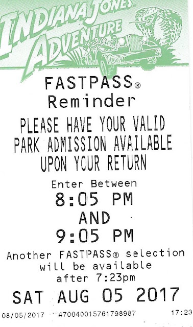 Indiana Jones Adventure Fastpass August 5 2017