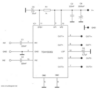 Circuit Diagram 2 x 22W-BTL Car Audio Amplifier Using TDA1553CQ