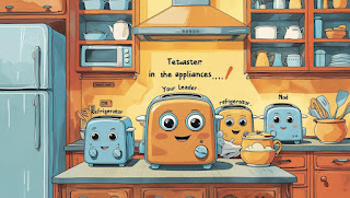A smart kitchen where the appliances are in a meeting, the toaster clearly leading them, with the fridge nodding in agreement.