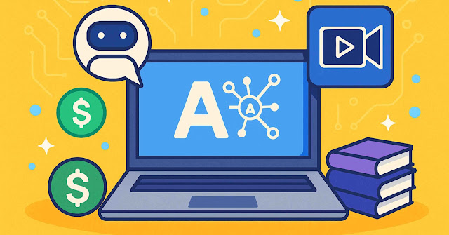 Flat-style digital illustration showing AI tools helping a beginner earn money online through freelancing and content creation.