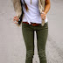 Women's Fashion Simple white tee with a faux fur vest over olive skinny jeans and brown ankle boots.