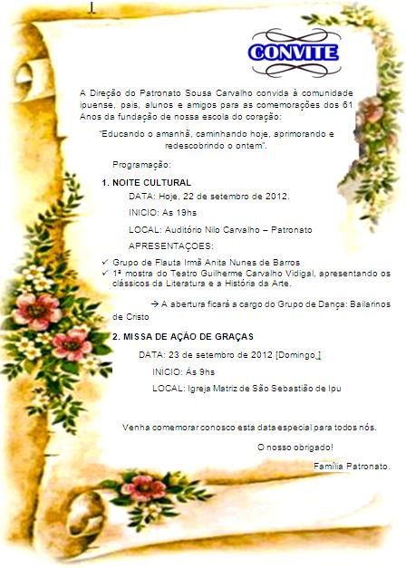 Patronato Sousa Carvalho: Convite 61 anos