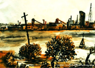 plein air ink drawing of BHP steelworks Kooragang Island by industrial heritage artist Jane Bennett