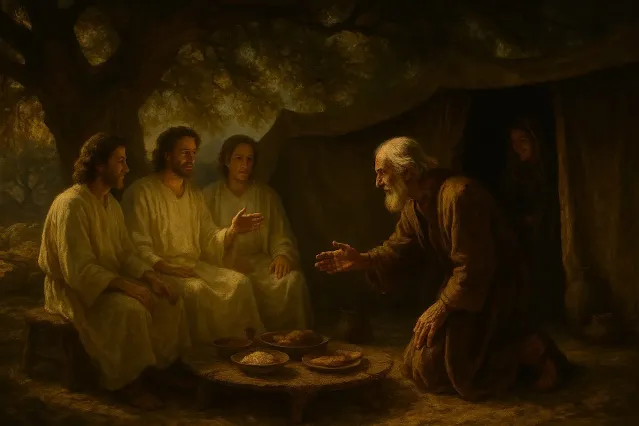 Abraham receiving divine visitors who foretold Isaac's birth, a key event in knowing how old Abraham and Sarah were when Isaac was born.