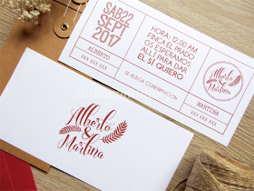 Una invitación de boda moderna y sencilla estilo entrada tipográfica con sello de los novios y decoración vegetal