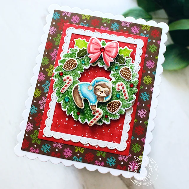 Sunny Studio Stamps: Winter Wreaths Holiday Card by Marie Marco (featuring Penguin Party, Lazy Christmas, Fancy Frame Dies)