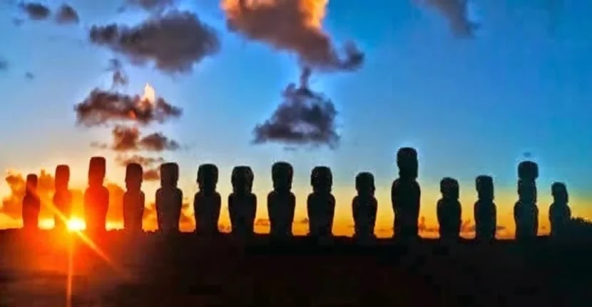 A row of stone statues known as Moai, Easter Island