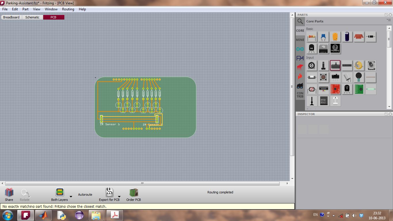 Fritzing Software in PCB View, with an open project, Parking Assistant