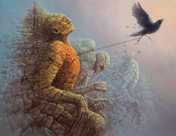 tomasz alen kopera pinturas surreais natureza anjos sombrios pedra e fogo