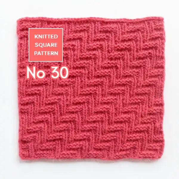 Knitted Square Pattern no 30. The Rib and Welt pattern is a combination of basic knit and purl techniques that create a textured zig zag fabric