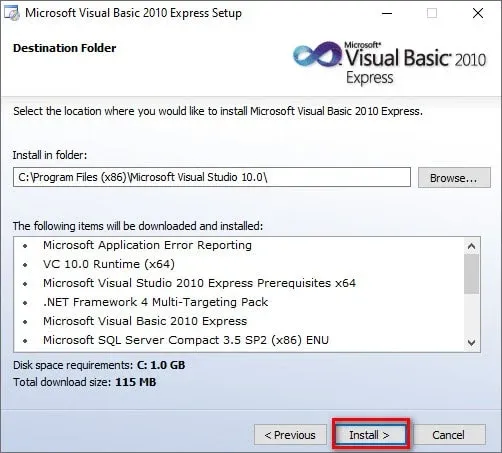 خطوات تثبيت برنامج Visual Basic.Net 2010