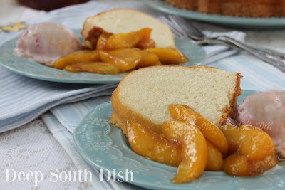 In my mind a perfect pound cake like Grandma's, is moist, tender, light, fluffy, creamy, and buttery, all at the same time. Shown here with my skillet peaches.