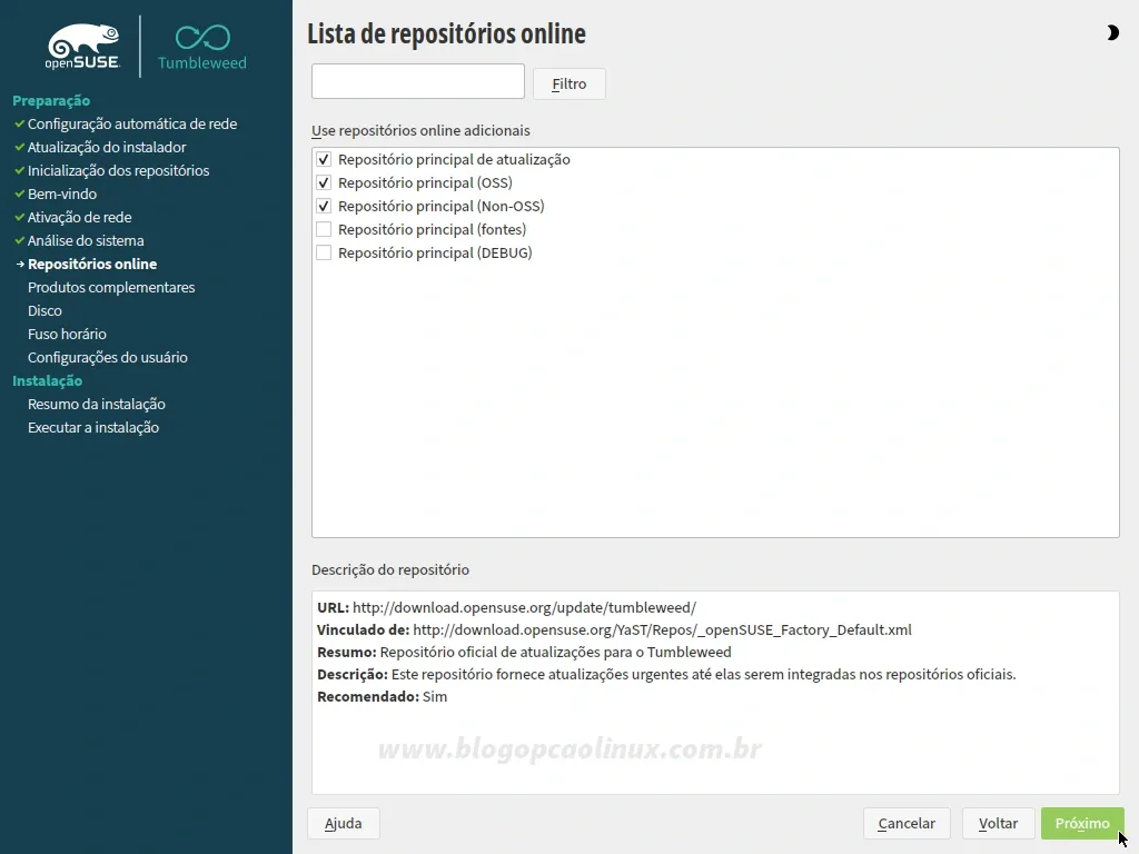 Será exibido uma lista com os repositórios oficiais do openSUSE Tumbleweed