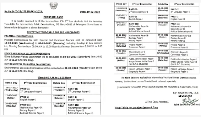 TS INTER EXAM TIME TABLE 2023