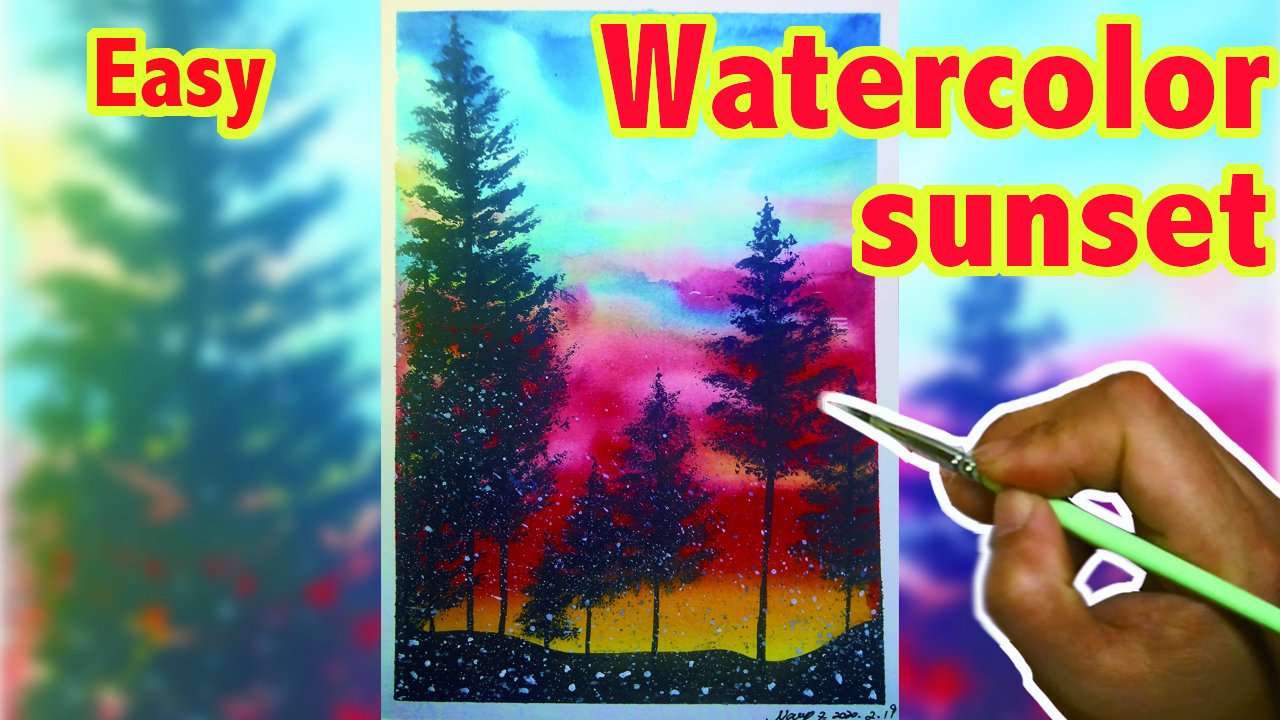 2 Ways How to draw landscape sunset using watercolor easy step by step