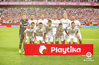 SEVILLA F. C. - Temporada 2018-19 - Vaclik, André Silva, Franco Vázquez, Carriço, Kjaer y Sergi Gómez; Ben Yedder, Arana, Banega, Jesús Navas y Sarabia. SEVILLA F. C. 3 (André Silva 2, Ben Yedder) REAL MADRID C. F. 0. 26/09/2018. Campeonato de Liga de 1ª División, jornada 6. Sevilla, estadio Ramón Sánchez Pizjuán.