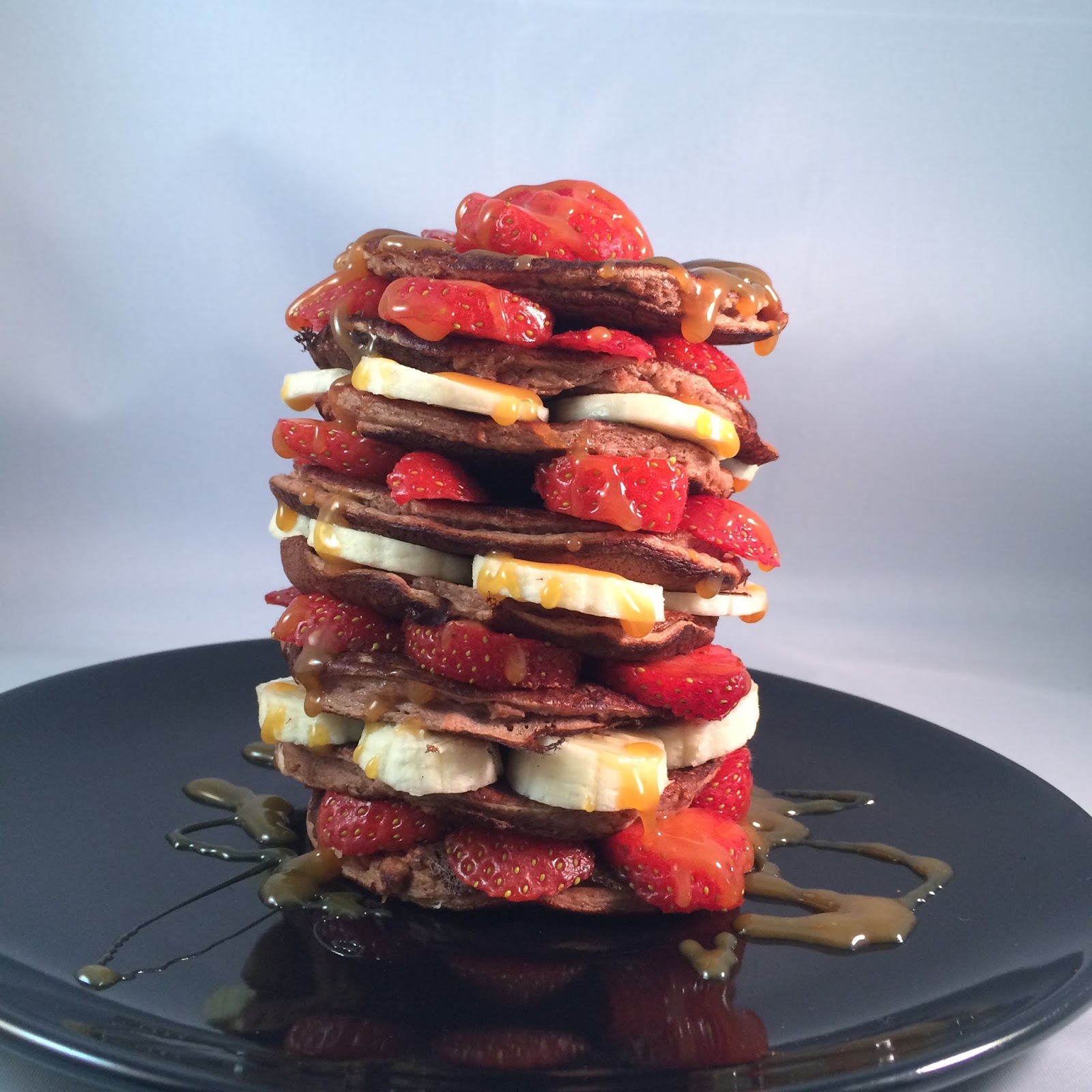chocolate banana sci-mx protein pancake stack with toffee sauce recipe