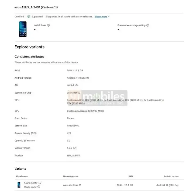ASUS Zenfone 11 Details on Google Play Console