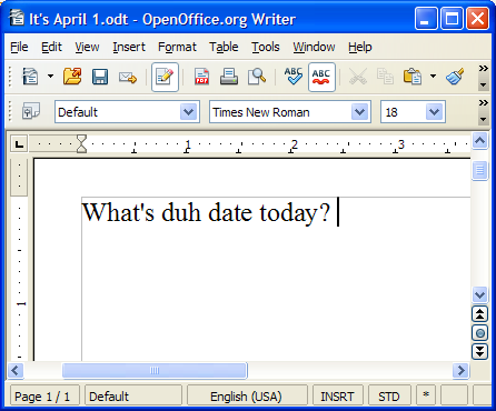 Screenshot: OpenOffice.org Writer: April Fools' prank showing autocorrect change