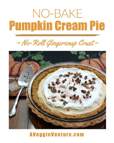 No-Bake Pumpkin Cream Pie ♥ AVeggieVenture.com, a simple creamy pumpkin pie, part pie, part cheesecake in an easy no-rolling press-in gingersnap crust. Totally simple and pleasing!