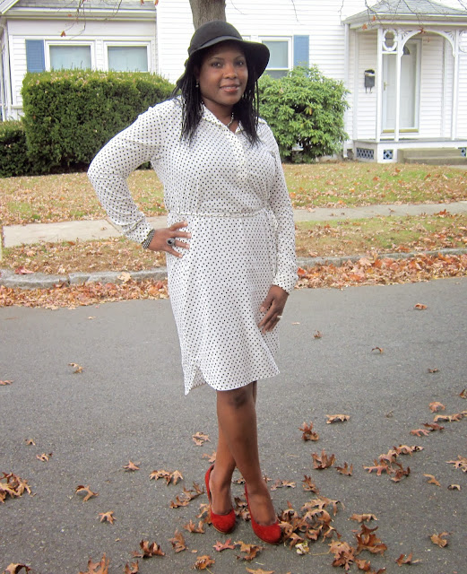 Modest shirt dress, Floppy hat, suede pumps