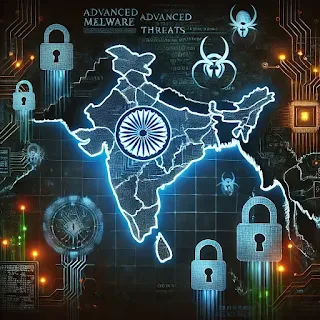 भारत में एडवांस्ड मालवेयर खतरों को दर्शाने वाला एक तकनीकी और भविष्यवादी चित्रण।