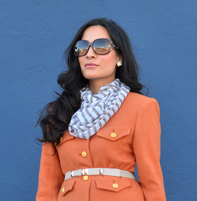 pumpkin spice orange vintage suit, striped scarf, gucci glasses