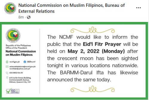 May 2, 2022 a regular holiday for Eid'l Fitr in the Philippines