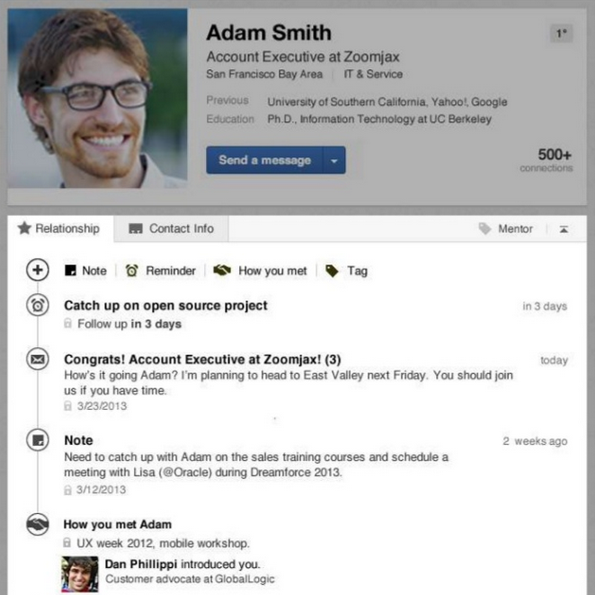 Screenshot of the email integration with Linkedin contacts