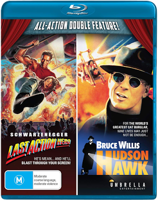 Blu-ray cover for Umbrella Entertainment's Blu-ray Double Feature of LAST ACTION HERO & HUDSON HAWK.