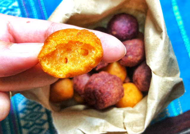 the inside of a piece of khai tao sweet potato ball