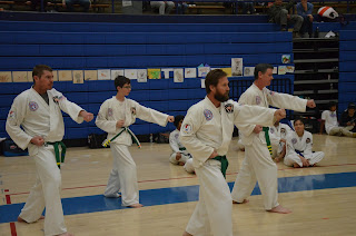 Adult men practicing martial arts and self defense