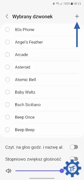 Symbol plusa pozwalający dodać własny dźwięk alarmu