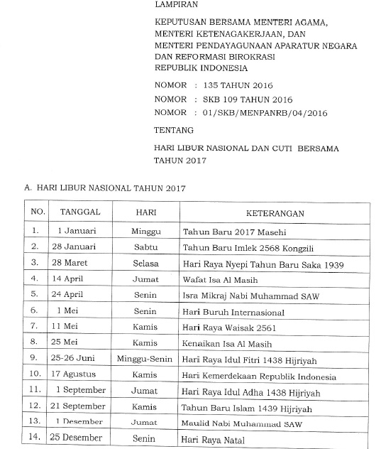 17 Hari Libur Nasional dan 4 Hari Cuti Bersama Tahun 2017 