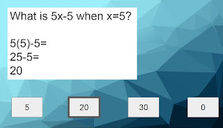 Correct answer is 20: What is 5x-5 when x=5?  5(5)-5= 25-5= 20